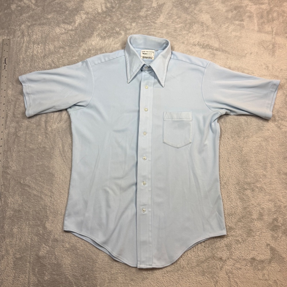 VTG Van Heusen Vanknit Splendor Button Up Shirt Mens 16 Light Blue 70s Dagger